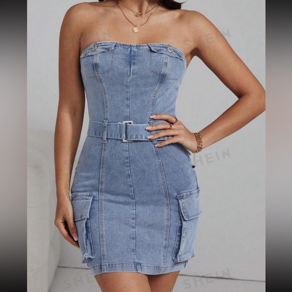 🦋 2/$40 BRAND NEW - SHEIN Blue Jean Belted Dress with Pockets - Picture 1 of 7